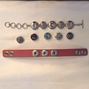 Interchangeable Snap Jewelry Set Pink‎ Leather & Silver Link Bracelets 5 Charms
